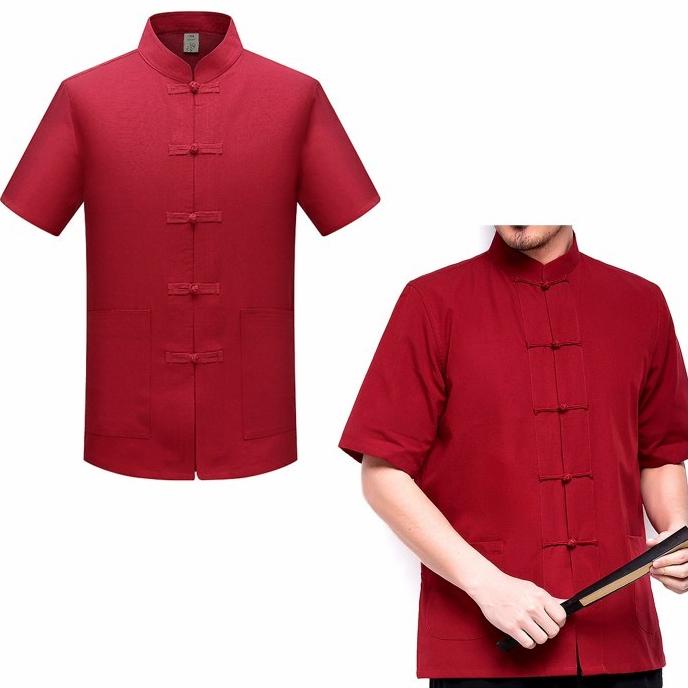 sale Kemeja Cheongsam Pria Dewasa Baju Imlek Congsam Merah Putih Biru