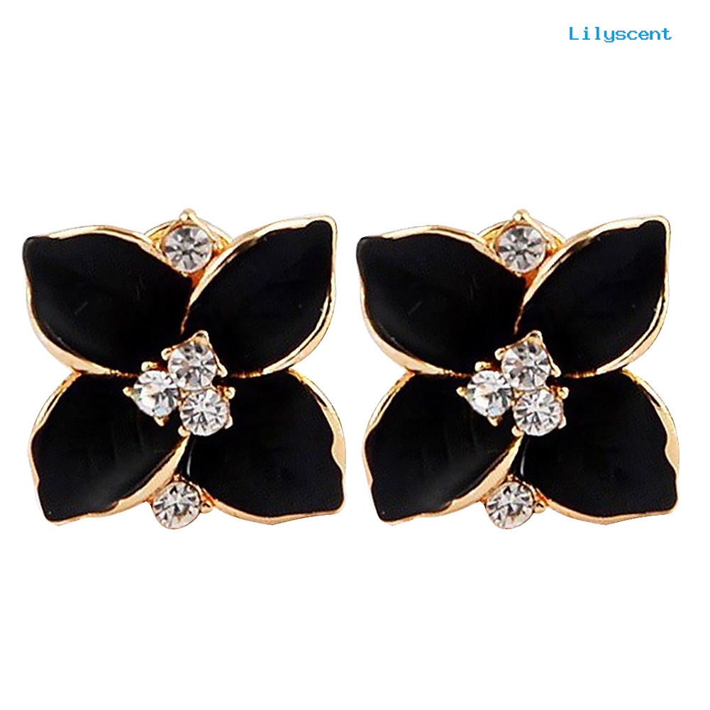 [LS] Wanita Berlian Imitasi Bertatahkan Enamel Clover Shape Stud Earrings Hadiah Perhiasan Pesta