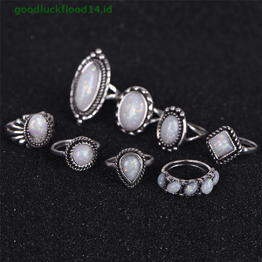 [GOOGFOUR] 8pcs/set Cincin Perak Putih Api Opal Cincin Kawin Tunangan Cincin Wanita Perhiasan [TOP]