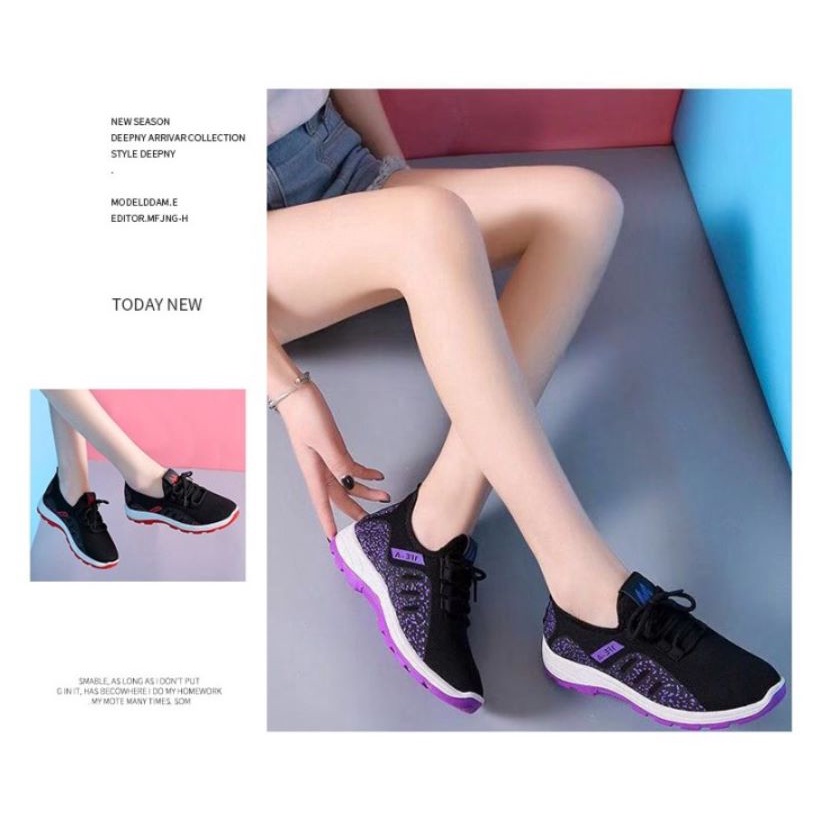 Sepatu Wanita Korea Nylon Sneakers Casual Black Running Import SP65