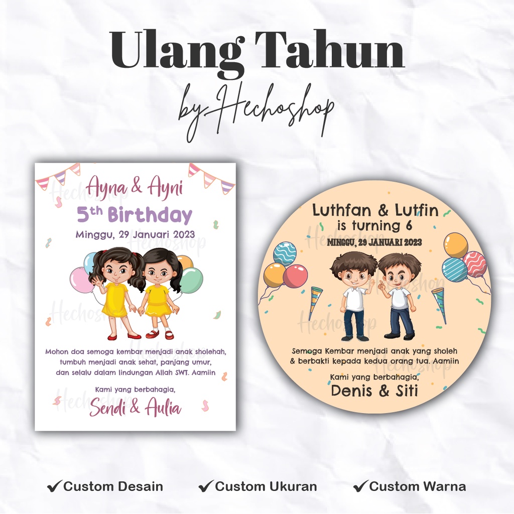 

Stiker & Kartu Ulang Tahun Anak / Adik & Kakak / Kembar (BATCH 5) [HECHOSHOP]
