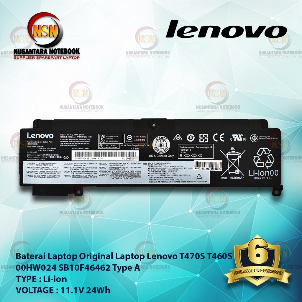 Baterai Original Laptop Lenovo T470S T460S 00HW024 11.1V 24Wh