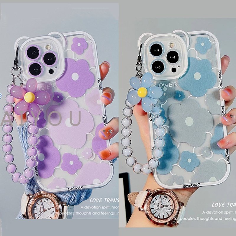 Lucu 3D Telinga Beruang Bunga Gantung Telepon Rantai Bening Soft Case Untuk iphone 14 Pro Max13 12 11 XR XS X7 8 plus SE MiNi Mewah Cover