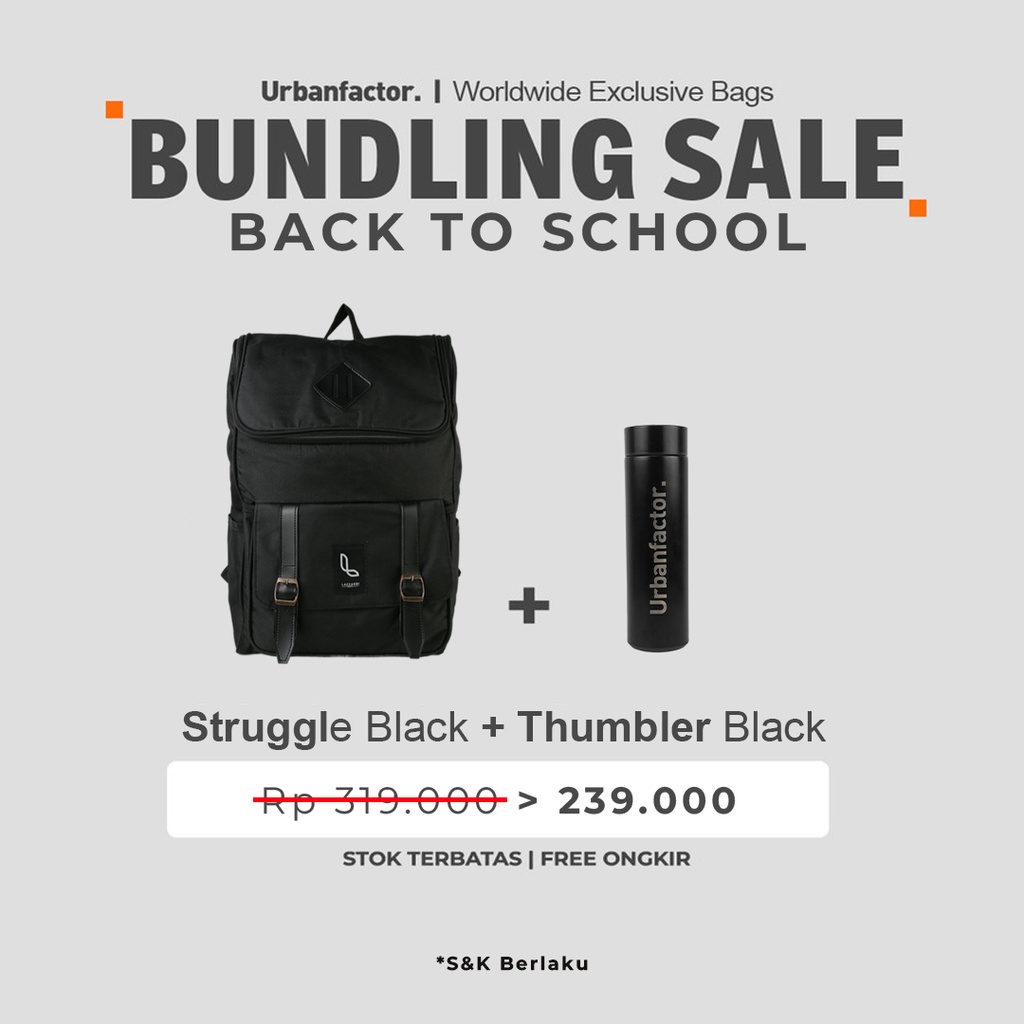 PAKET BUNDLING TAS RANSEL STRUGGLE BLACK DAN TUMBLER BLACK