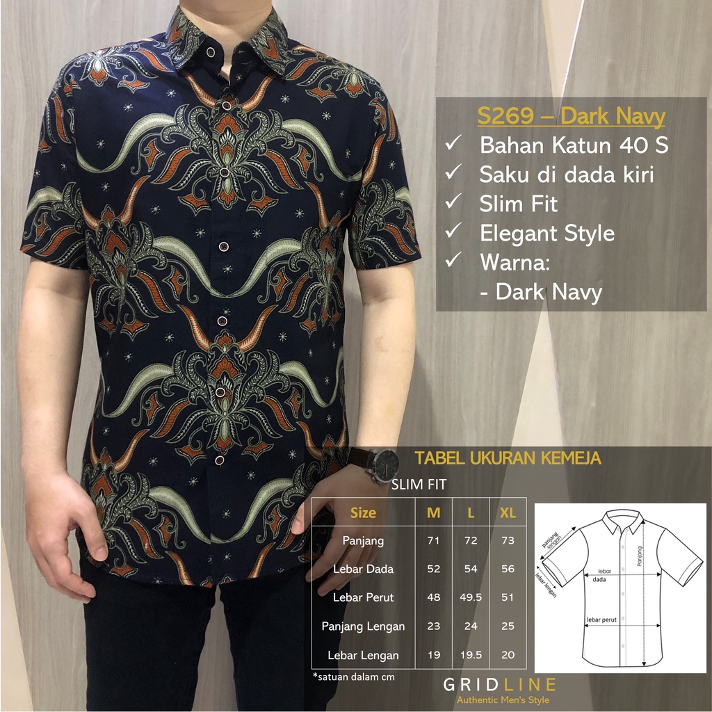 [GRIDLINE - S269 Dark Navy] Kemeja Batik Pria Katun Lengan Pendek Slimfit Keren Modern Halus Kantor Kondangan