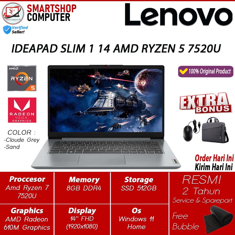 Laptop Ideapad Slim 1 14 AMD Ryzen 5 7520U 8GB 512GB SSD Windows11 OHS 2021