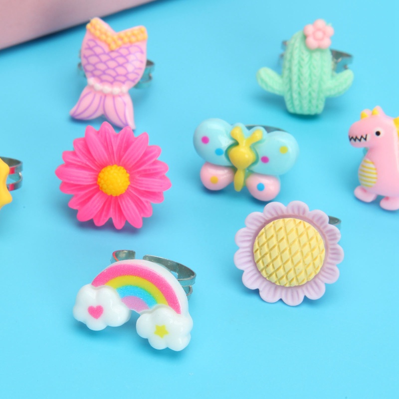 24pcs/set Cincin Kartun Anak Bunga Hewan Adjustable Alloy Kids Ring