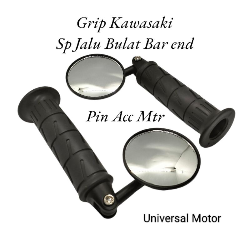 paket murah Spion Jalu Bulat Bar end Hitam Pluse grip hitam Kawasaki Universal motor semua matic bisa pasang
