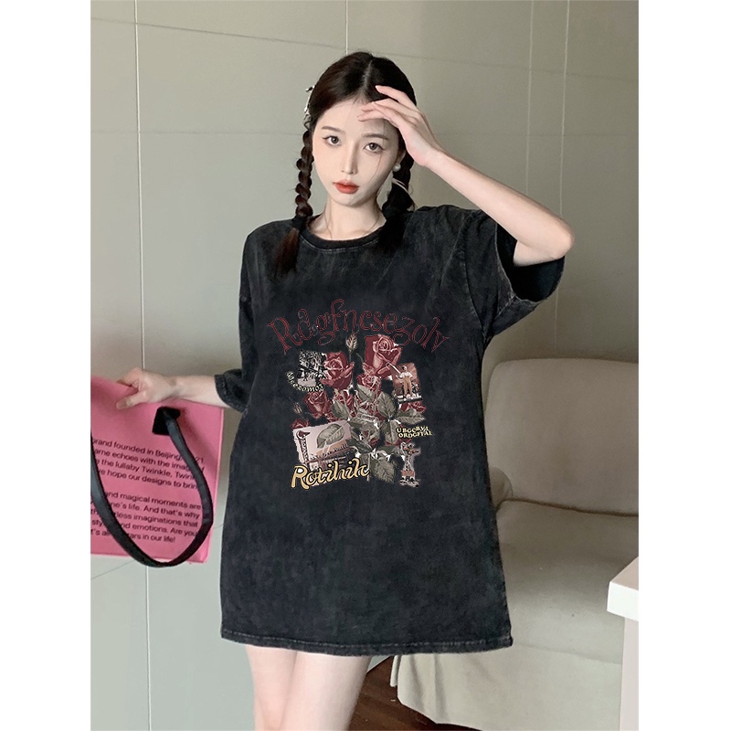 Kaos oversize hitam oversize lengan pendek letter washed baju wanita  graphic print T-shirt/oversize tshirt