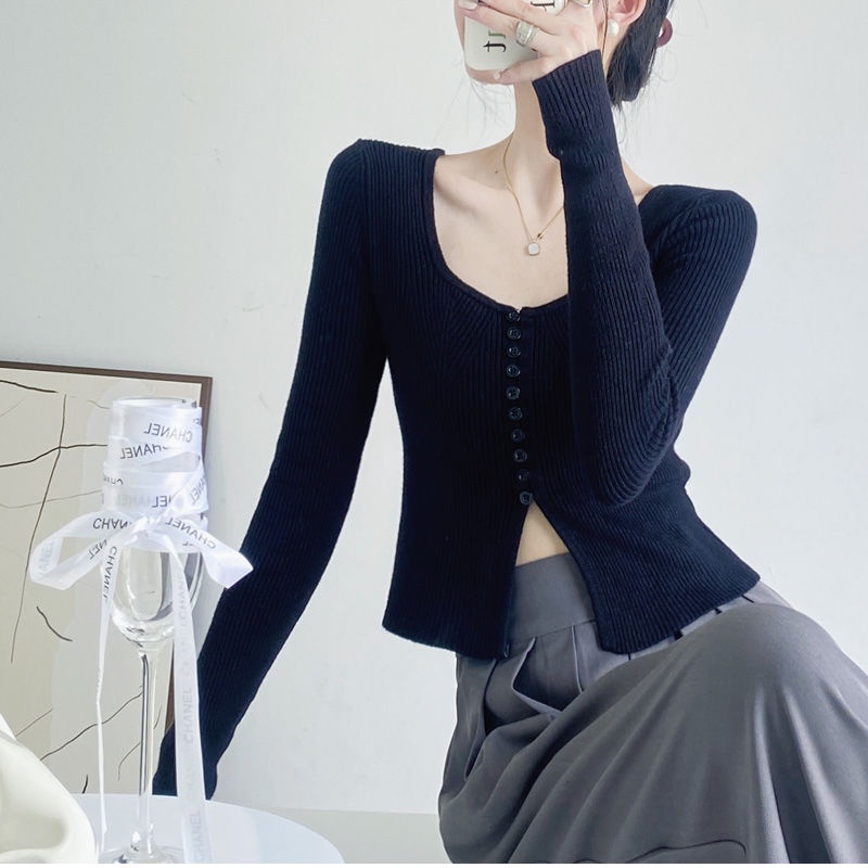 Red Retro Jepang Angin Lembut Pendek Slim Kecil Seksi Pakaian Rajut Atasan Lengan Panjang Di Dalam Bocor Klavikula Sweater Pakaian Wanita