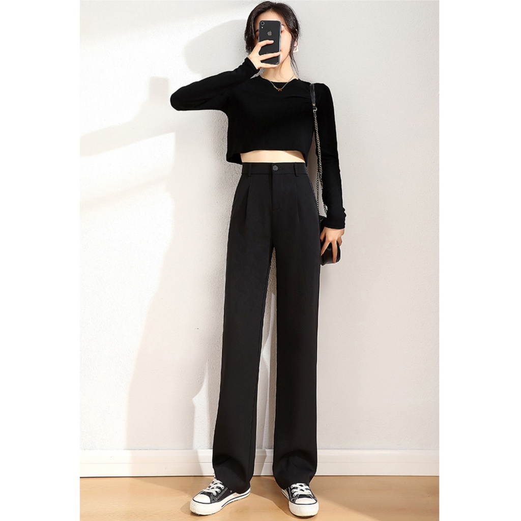 Hitam Highwaist  Loose Kasual Celana Setelan Wanita