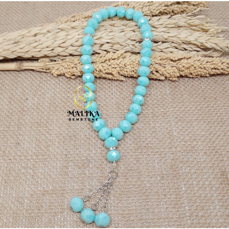 TASBIH BATU KRISTAL CUTTING BLUE TOPAZ 33 BUTIR 10MM 100% NATURAL