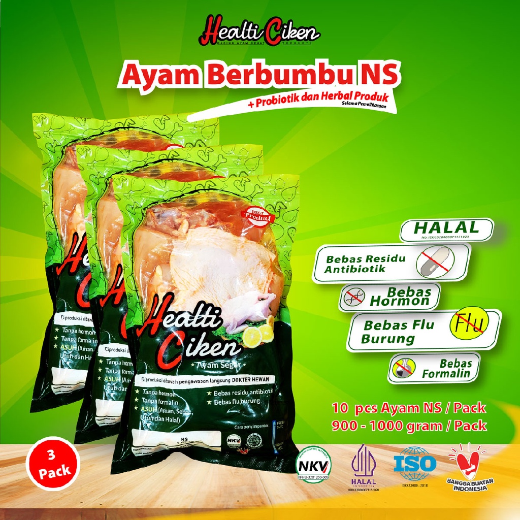 

HEALTI CIKEN Ayam Berbumbu NS | Ayam + Probiotik & Herbal Produk | Daging Ayam Sehat | Healti Ciken | 0.9 - 1 kg / Pack | 3 Pack