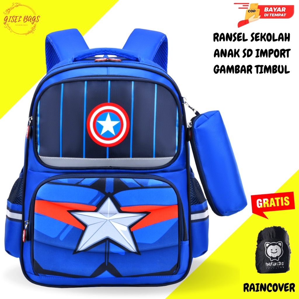 Tas ransel sekolah anak laki laki sd import simple waterproof gambar timbul 3D