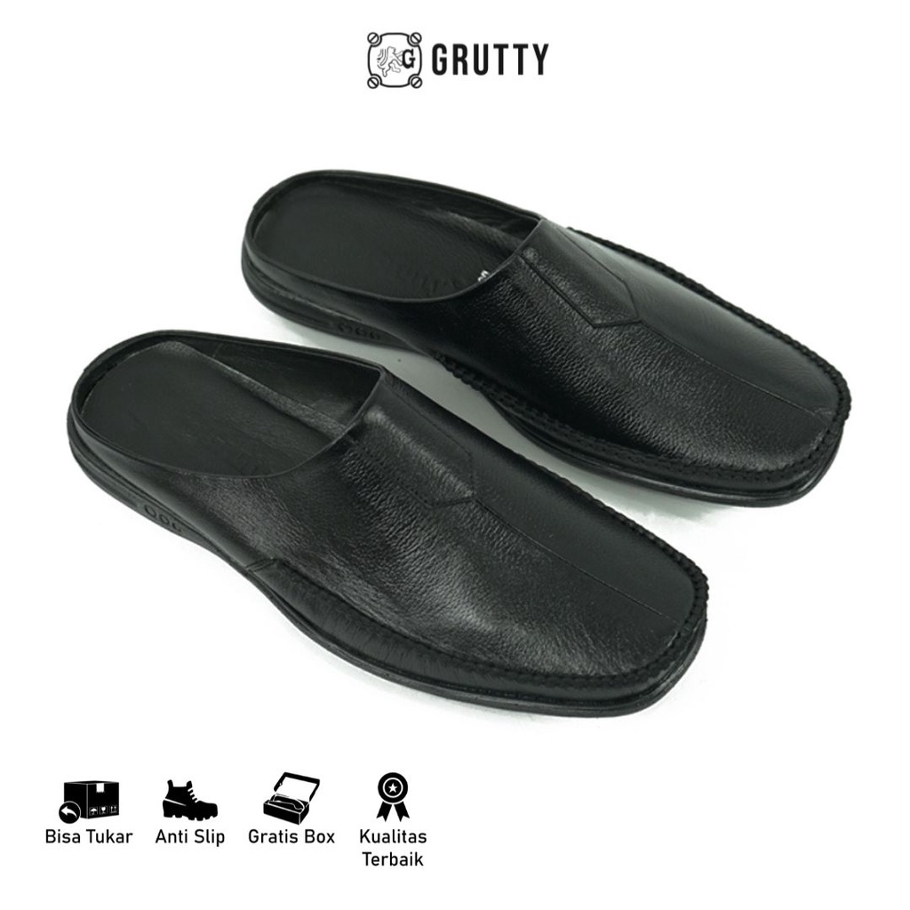 Sepatu Sandal Pria Grutty DC021 Hitam Bustong Pria Sepatu slip on selop Kulit Asli