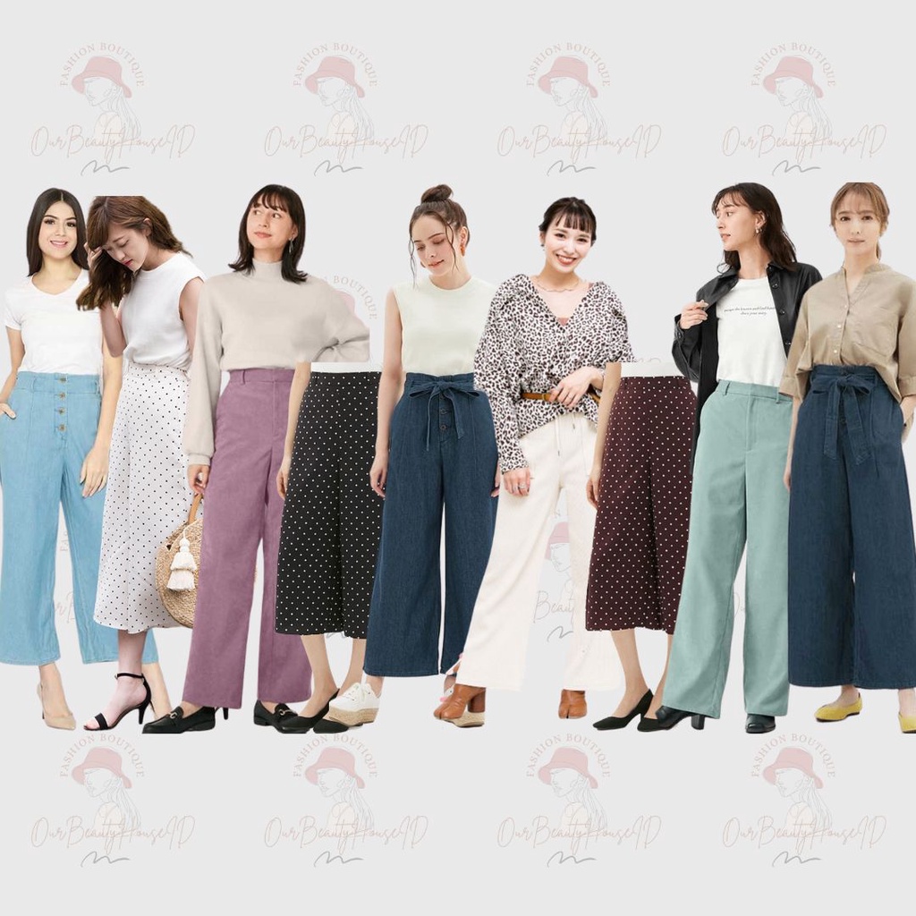 GU Kulot Wanit Wide Cropped Pants (Trouser) Lightcordo Ribwidepants Wide Denim Aqua Blue Navy