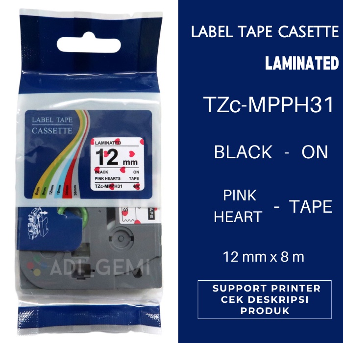 

Compatible Label Tape Brother TZc-MPPH31 Black On Pink Heart 12mm