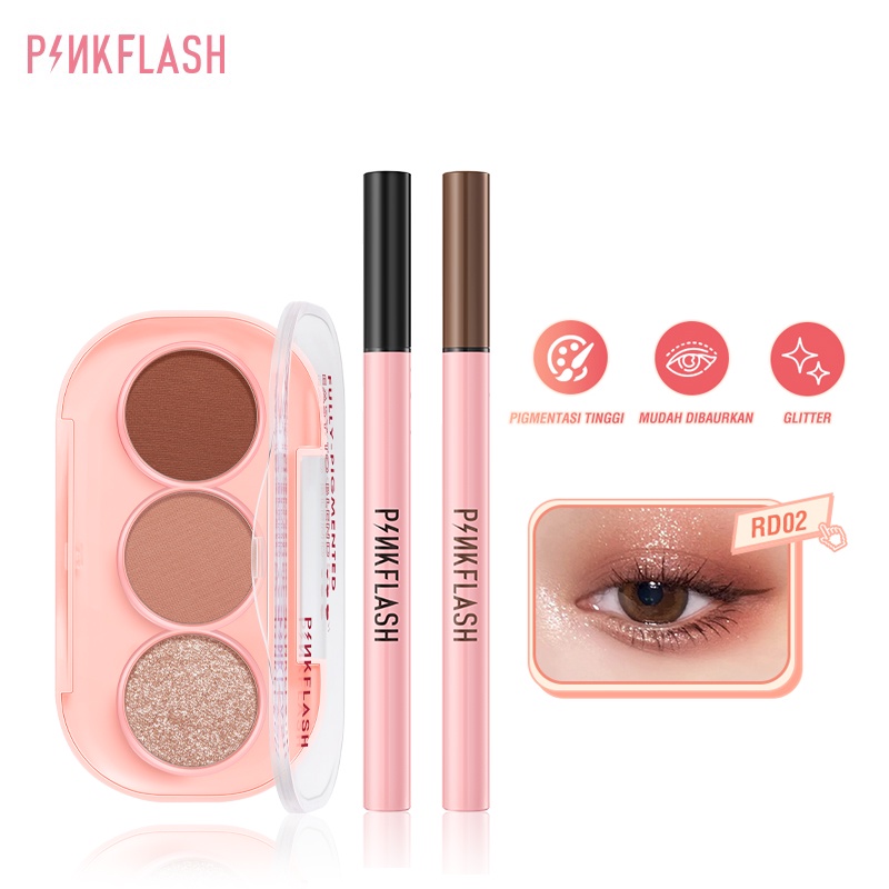 PINKFLASH 3PCS Eye Makup Set High Pigment 3 Shades Eyeshadow Palette Lasting Long Waterproof Liquid Eyeliner