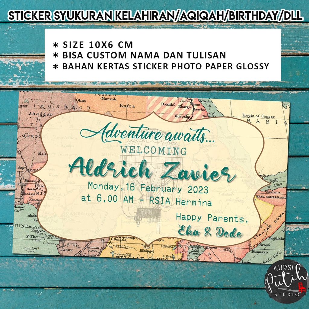 

Birth announcement sticker size 10x6 cm tema world map