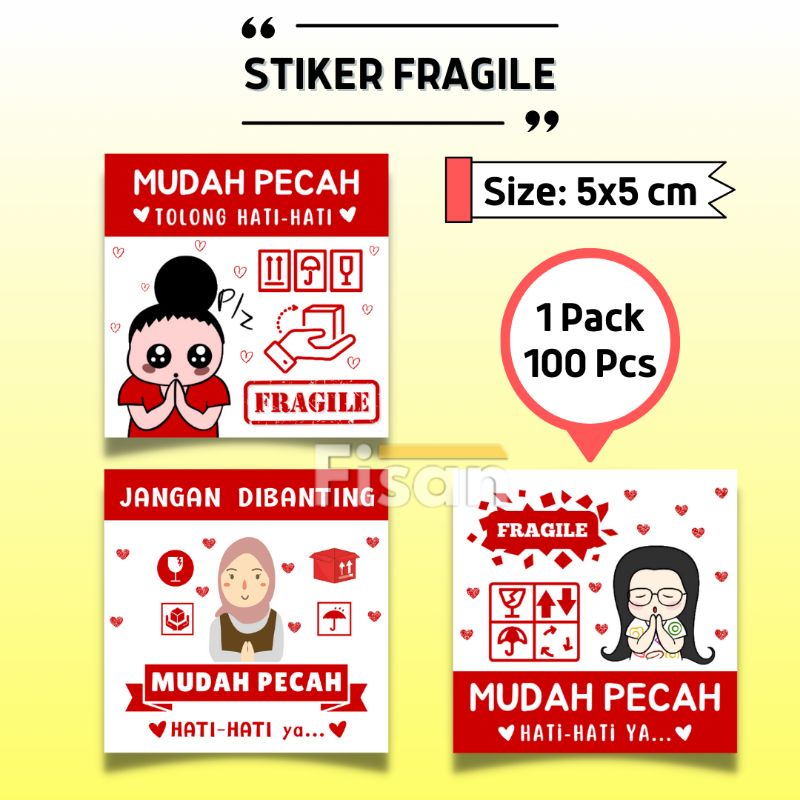 Sinarterang3 100 Pcs Sticker Fragile / Stiker Fragile / Tempelan Fragile