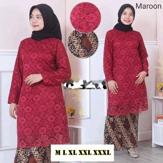 ORI!!!  SETELANKebaya brokat / TUNIK / kebaya TUNIK / kebaya kondangan TUNIK / Kebaya rinjani / Kebaya Brukat / Kebaya Pesta / Kebaya Modern ukuran jombo ld 120 MARUN