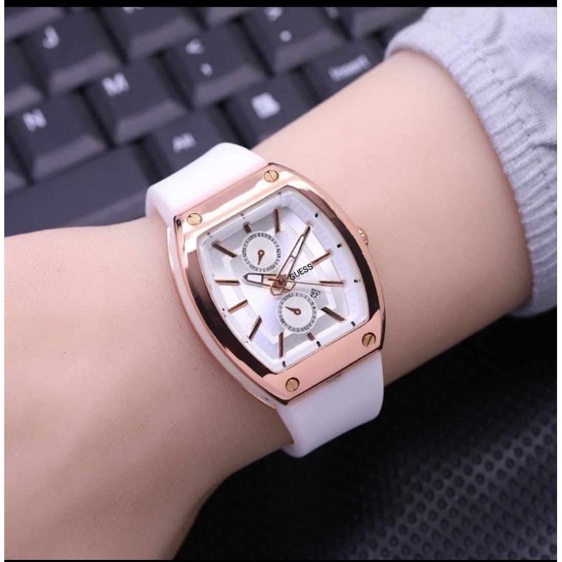 (Grosir)Jam Tangan Wanita Fashion Gues oval Crono Variasi Tanggal aktif Strap Rubber/Karet(Dikirim Jakarta Cod)