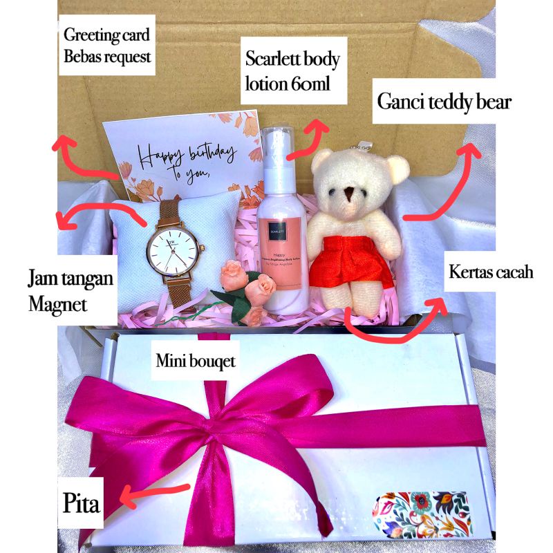 JAM SCARLETT BONEKA HAMPERS I KADO I GIFT BOX JAM TANGAN RANTAI PASIR MURAH jam tangan magnet hampers unik kado ulang tahun hampers simple mini scarlett whitening parfum boneka kado pacar kado sahabat Box hampers kotak hampers natal