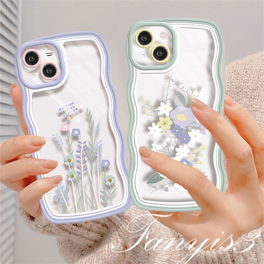 Compatible For iPhone 14 13 12 11 Pro Max X XR Xs Max 8 7 6 6s Plus SE 2020 Kompatibel Untuk Fresh Flowers And Plants Wave Frame Phone Case TPU Soft Cover