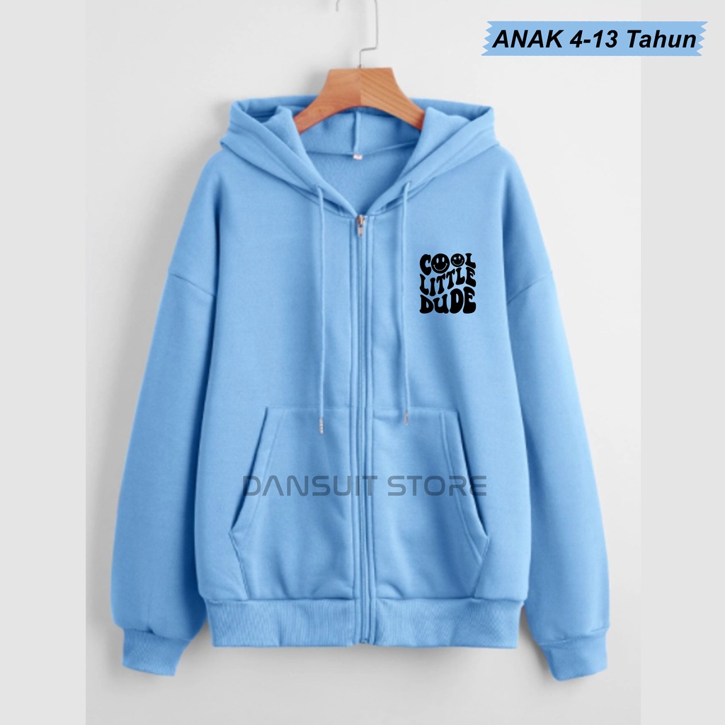 Jaket Hoodie Resleting Anak Laki-laki/Perempuan Usia 4-13 Tahun Hoodie Zipper Anak Motif Sablon COOL LITTLE DUDE Bahan Tebal Premium