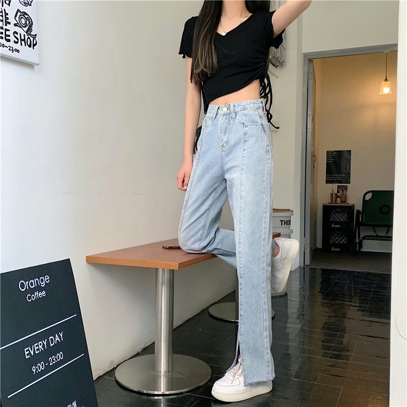 Biru Highwaist Kulot Jeans Wanita Belah / Celana Jeans Split Import