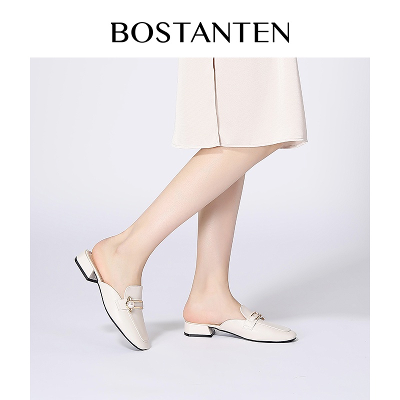 BOSTANTEN Sepatu Hak Tahu Sepatu Mules Flatshoes Heels Sepatu tunggal dengan tumit berat wanita, kepala persegi, sepatu mutiara kecil, sepatu rata