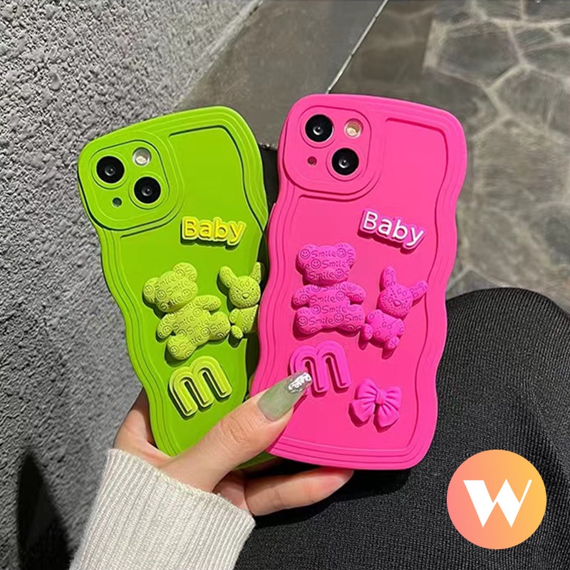 Case Warna Permen Padat Sederhana Kompatibel Untuk iPhone 7Plus 8 14 Plus 11 13 12 14 Pro Max X XR XS Max Boneka 3D Mewah Kartun Beruang Lucu Busur Tepi Bergelombang Lembut Tpu Phone Cover