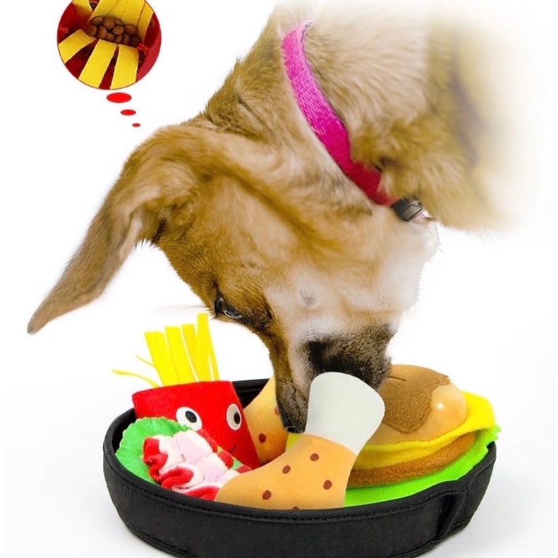 American burger meal set sniffting hidden food and squeaky toy