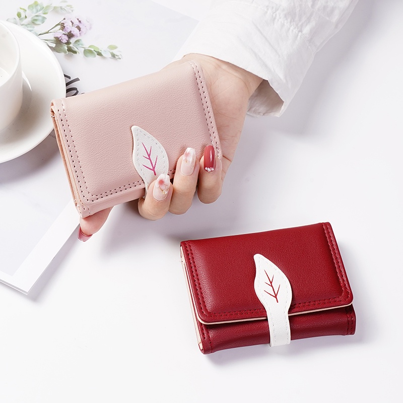 Dompet Lipat Wanita Motif Daun Fashion Style Korea Dompet Pendek Cewek Mini Women Wallet PU Satu7an D102