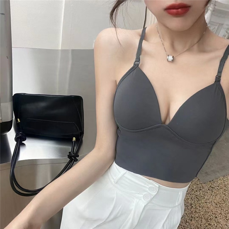 Tank top wanita Sling tube top crop top wanita sexy tali bahu kecil slim fit es sutra
