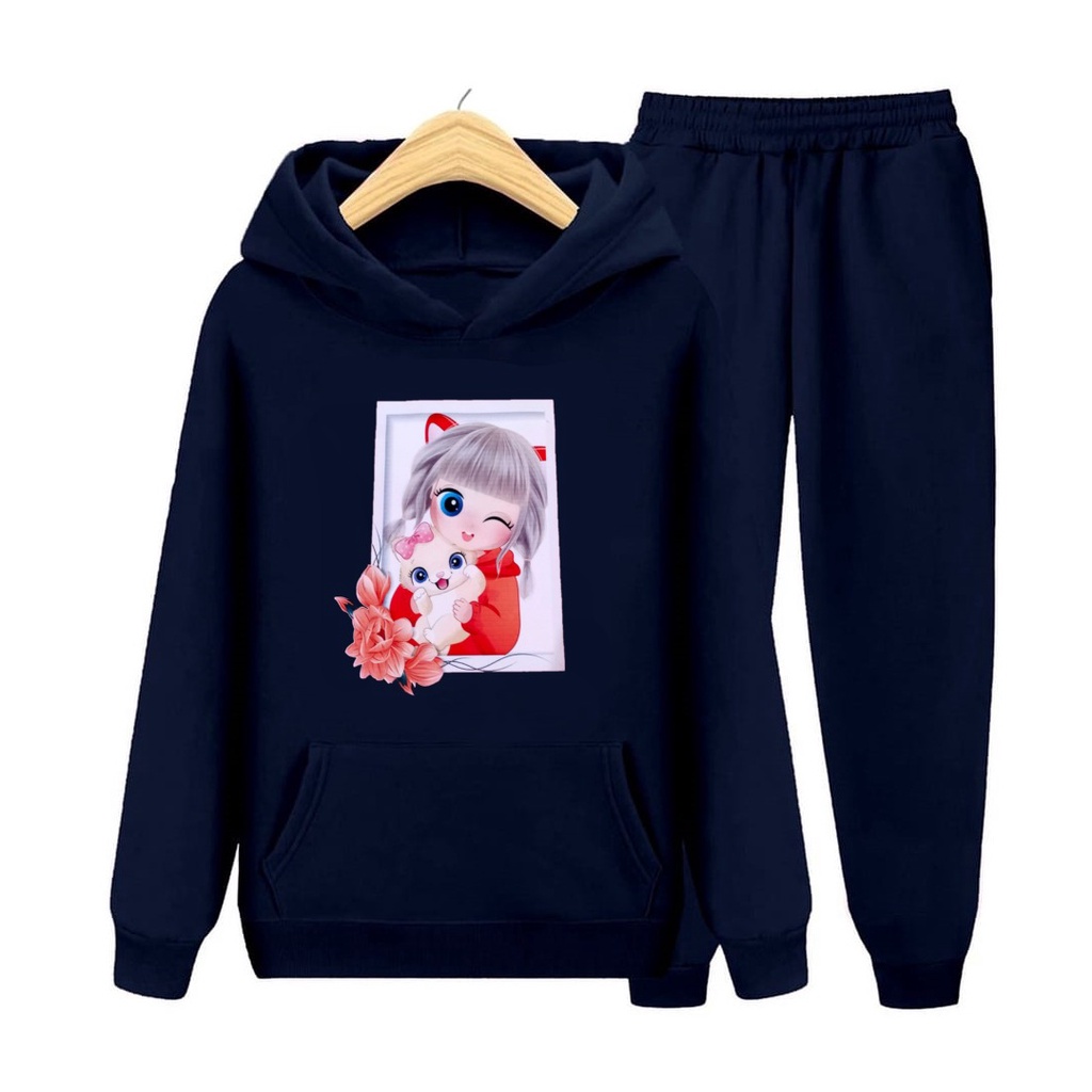 Baju Setelan Sweater Anak Perempuan Viral Motif Printing Kitty Girl