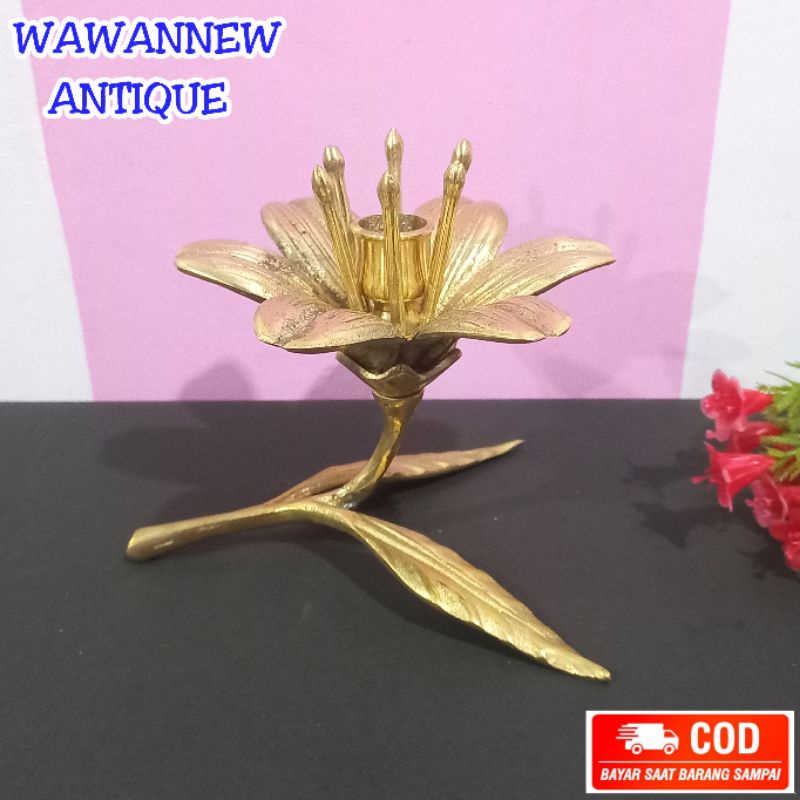 Tempat Lilin Aromaterapi Teratai Kuningan / Candle Holder Antik Motif Bunga 14cm