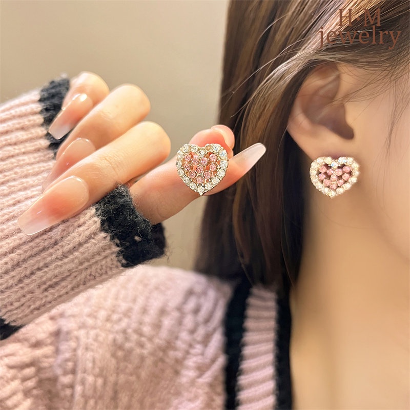 S925 Perak AAA Zircon Pink Love Heart Stud Earrings Ringan Mewah Manis2023Anting Baru