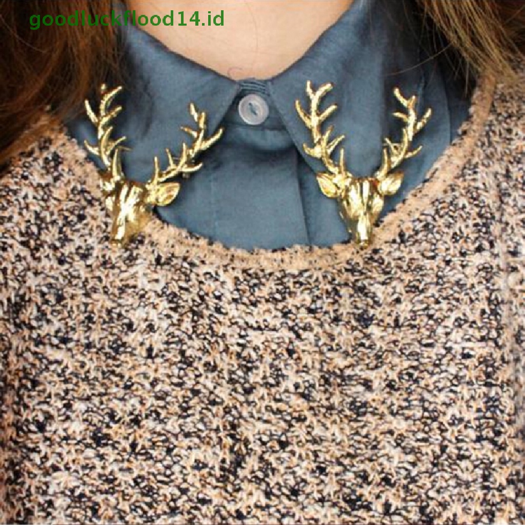 [GOOGFOUR] Unisex Hewan Bros Pin Lucu Berlapis Emas Tanduk Rusa Kepala Kerah Pin Brooch [TOP]