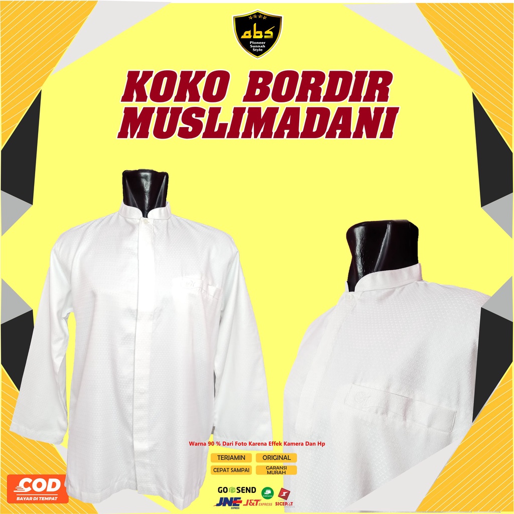 Baju Koko Pria Lengan Panjang Muslimadani Bordir Putih Perlengkapan Sholat Haji Umroh