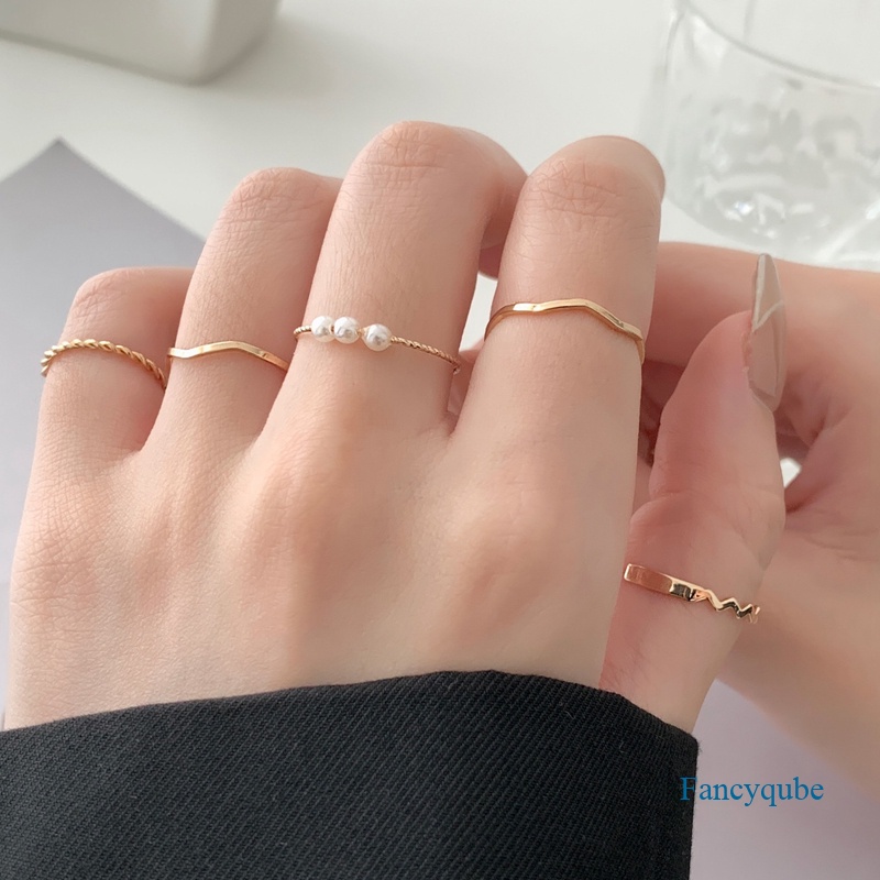 5pcs/set Cincin Logam Set Sederhana Mewah Mutiara Geometri Adjustable Jari Rings Wanita Perhiasan