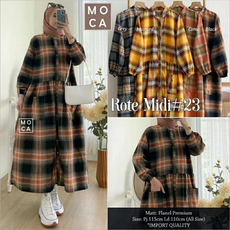 Rote Midi #23, MIDI DRESS WANITA CANTIK FIT XXL LD 110 BAHAN FLANEL PREMIUM TERMURAH OOTD MODIS