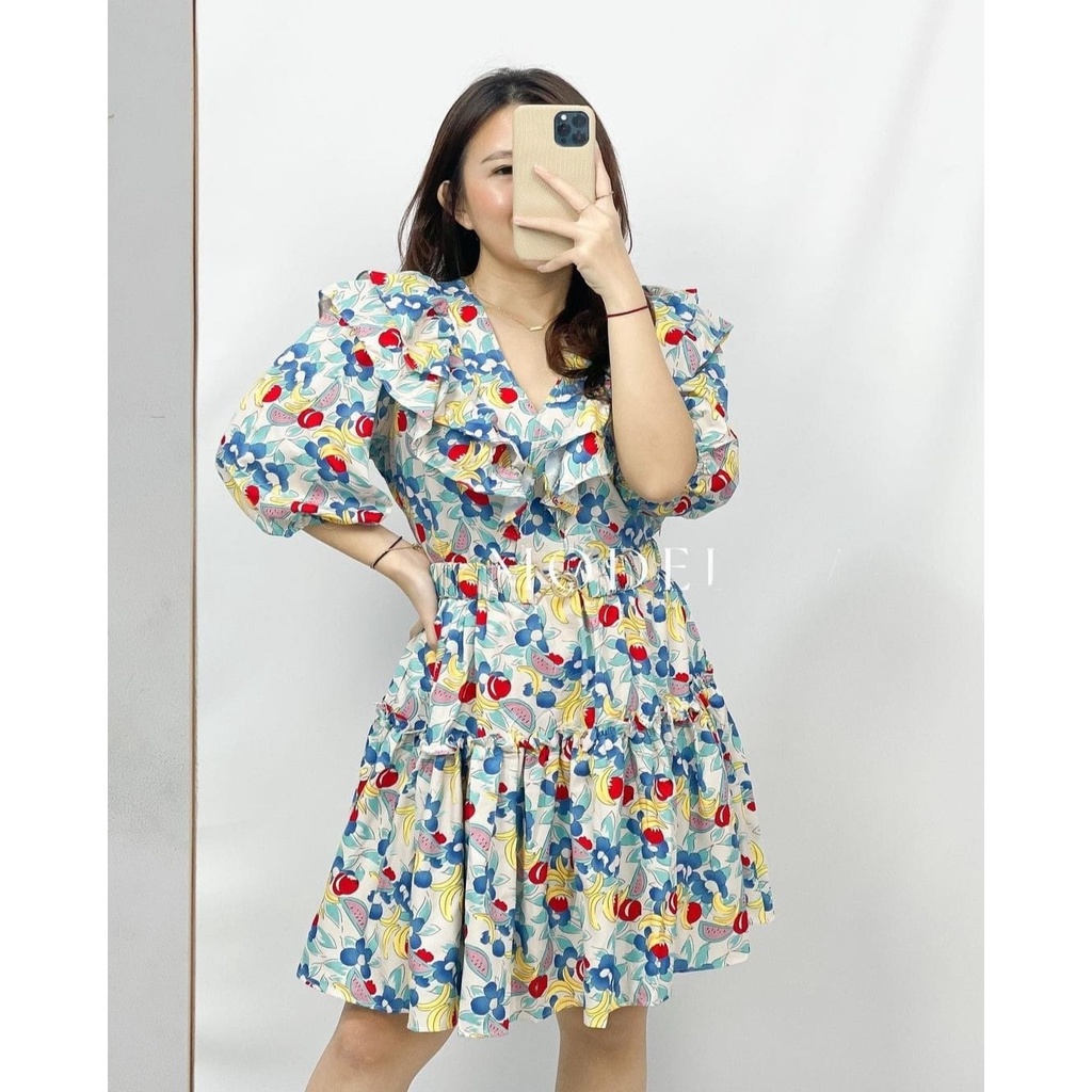 Mini Dress V-Neck Korea Lengan Pendek Motif Bunga