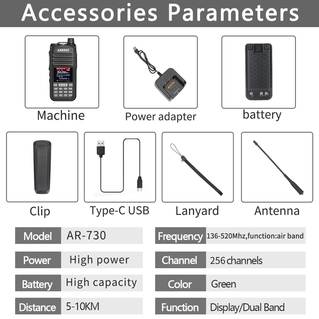 ABBREE AR-730 UHF VHF Full Band Walkie Talkie 108-520MHz Wireless Copy Frequency