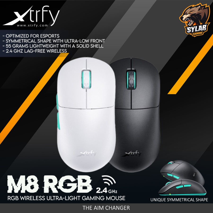 Xtrfy M8 Wireless - Mouse Gaming Ultra Ringan dengan Sensor Optik Pixart 3395, Baterai Hingga 75 Jam, Hitam/White/Retro/Frosty Mint/Purple