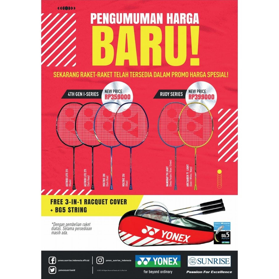 PAKET RAKET BADMINTON YONEX NANORAY 71 LIGHT PENGGANTI 68 LIGHT (TAS SENAR GRIP) RUDY HARTONO SERIES