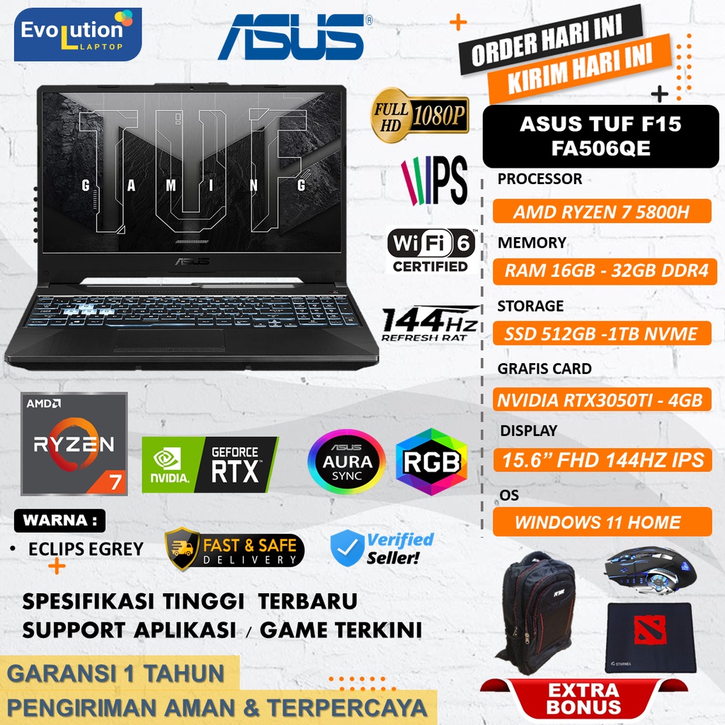Laptop Asus TUF Gaming A15 FA506QE AMD RYZEN 7 5800H 32GB 1TB RTX3050TI 4GB 144HZ Windows11GREY
