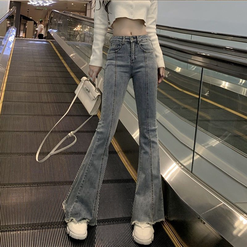 Red RAW EDGE High Waist Jeans Wanita Slim Flare Celana Baru 2022 Slim Celana Musim Semi dan Musim Gugur All-Match Celana Chic