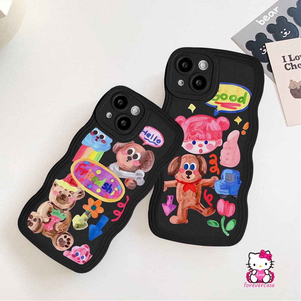 IPHONE Casing Pasangan Kompatibel Untuk Iphone13 11 14 12 Pro Max 6 6s 8 7 Plus XR 14Plus X XS Max SE 2020 Kartun Grafiti Anjing Lucu Populer Gadis Lucu Stiker Lembut Bergelombang Tepi Case