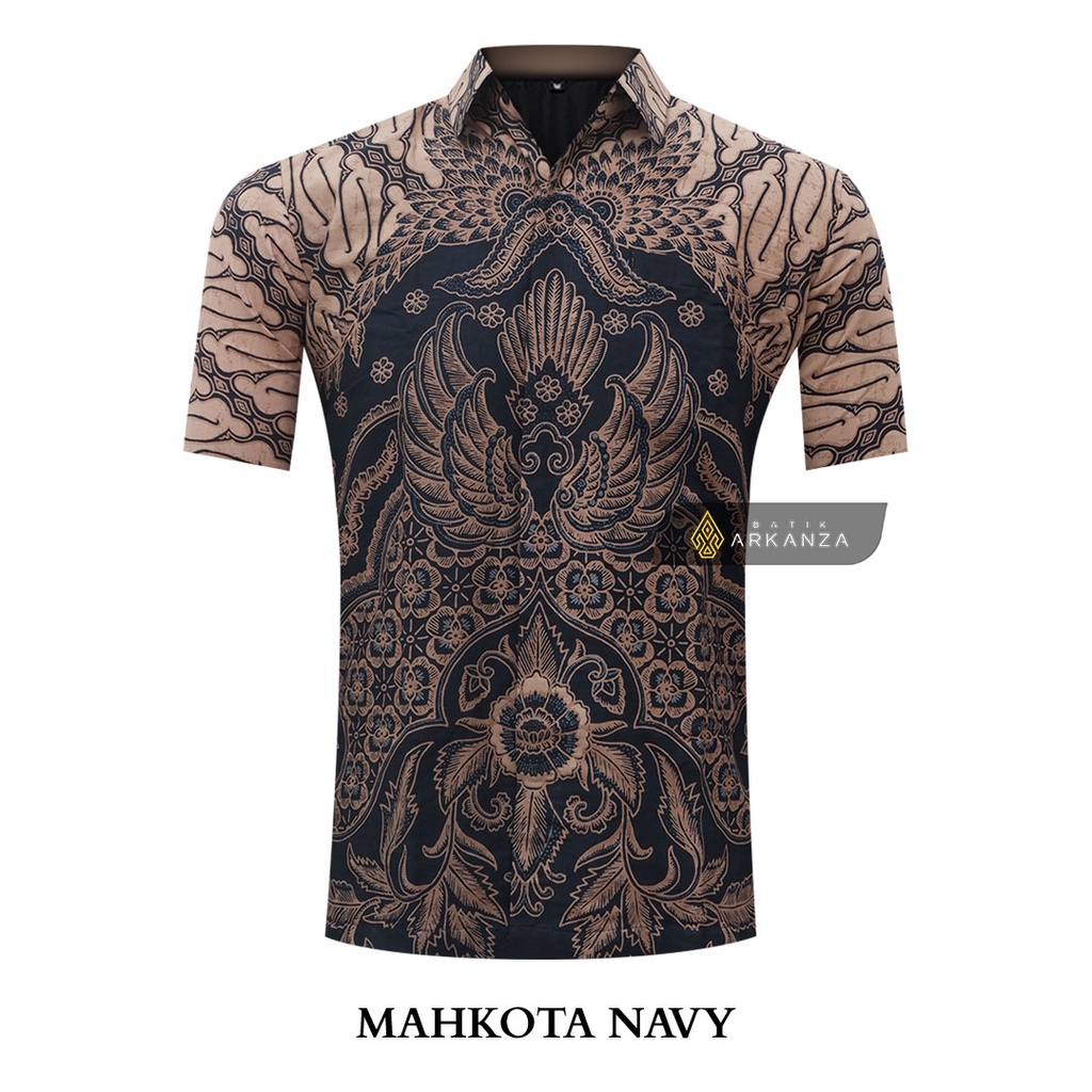 BATIK ARKANZA Motif MAHKOTA NAVY Atasan Kemeja Baju Batik Pria Cowok Laki Laki Lengan Panjang Lapis Furing Slim Fit Original Bahan Katun Halus Premium Modern